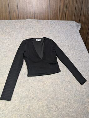 I.AM.GIA Black Wrap Front Long Sleeve Crop Shirt Top Medium Classic Minimalist